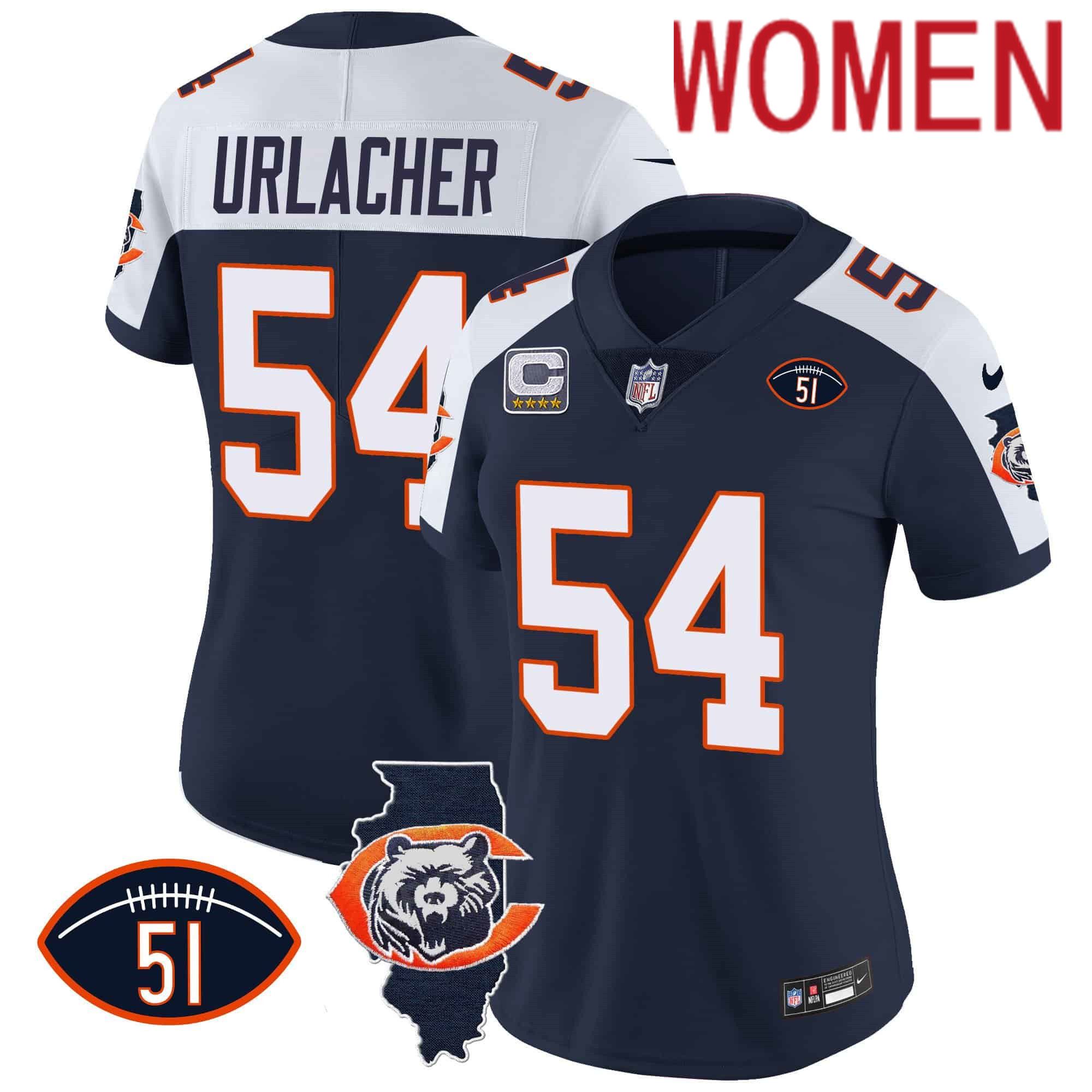 Women Chicago Bears 54 Urlacher Blue 2024 Nike Throwback Illinois Patch Vapor NFL Jersey